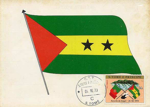 23Lis_2260.jpg -     Lote:    2260      Lotes pelo Correio              Descrição:      S. Tomé e Príncipe * Palops.   Lote de 4 postais ilustrados com a bandeira de S. Tomé, todos iguais, com selos de 3$, 10$, 20$ e 50$ emissão Acordo de Argel, obliterados com carimbo de S. Tomé (04.10.79).        PM       Valor Base:     &euro; 8,00     Valor Venda:     &euro; 8,00     