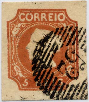 24lis0364.jpg -     Lote:    364            Colecção Portugal       Descrição:         1853 &mdash; D. Maria II. CE1, 5 reis castanho avermelhado, cunho I, com margens largas, obliterado com carimbo numérico de barras 52 &mdash; PORTO. Valor de catálogo &euro; 1.500,00. MB.        O       Valor Base:     &euro; 300,00     Valor Venda:     &euro; 360,00     