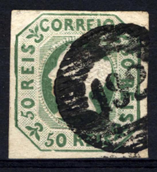 24lis0369.jpg -     Lote:    369            Colecção Portugal       Descrição:         1853 &mdash; D. Maria II. CE3, 50 reis verde amarelo, com margens curtas, obliterado com carimbo numérico 192 &mdash; Beja. Valor de catálogo &euro; 1.700,00.        O       Valor Base:     &euro; 100,00     Valor Venda:     &euro; 130,00     