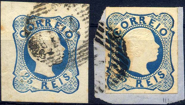 24lis0390.jpg -     Lote:    390            Colecção Portugal       Descrição:         1856/1858 &mdash; D. Pedro V. Cabelos anelados. CE12 (linhas duplas). Lote de dois selos: um com margens largas, cunho II e outro em fragmento, com margens curtas, cunho II. Valor de catálogo &euro; 147,40.        O       Valor Base:     &euro; 22,00     Valor Venda:     Retirado     