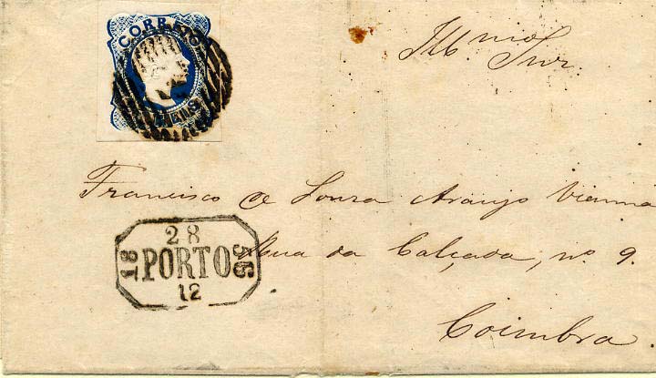 24lis0395.jpg -     Lote:    395            Colecção Portugal       Descrição:         1856/1858 &mdash; D. Pedro V. Cabelos anelados. CE12 (linhas duplas), 25 reis azul, cunho I, boas margens, em carta circulada do Porto (28.12.56) para Coimbra. Impressão albina nos bordos superior e inferior da moldura.        Carta       Valor Base:     &euro; 30,00     Valor Venda:     Retirado     