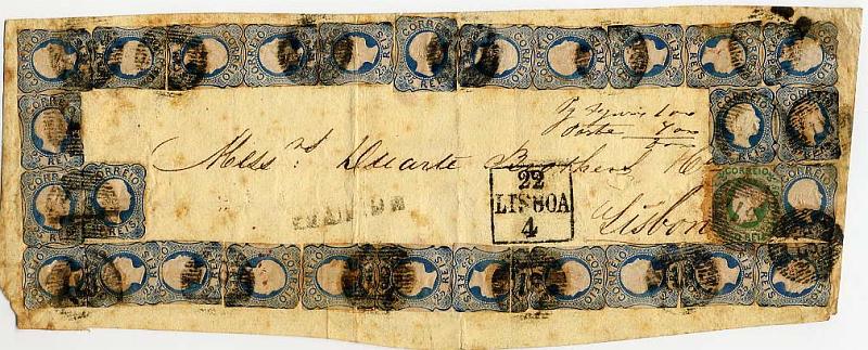 24lis0396.jpg -     Lote:    396            Colecção Portugal       Descrição:         1853/1858 &mdash; D. Maria II + D. Pedro V, cabelos lisos. Fragmento com selo de 50 reis verde amarelo emissão D. Maria II, CE3 + 28 selos de 25 reis azul, cunho I, da Figueira para Lisboa (22.04.??). Marca FIGUEIRA batida a preto. Selos aparados pela moldura. Peça de grande raridade.        FRG       Valor Base:     &euro; 1.500,00     Valor Venda:     &euro; 2500,00     