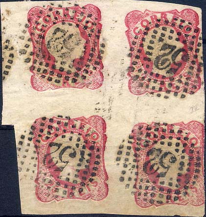 24lis0398.jpg -     Lote:    398            Colecção Portugal       Descrição:         1856/1858 &mdash; D. Pedro V. Cabelos anelados. CE13, 25 reis rosa, cunho V. Quadra com boas margens, obliterada com carimbo de pontos 52 &mdash; PORTO. MB        O       Valor Base:     &euro; 30,00     Valor Venda:     &euro; 32,00     