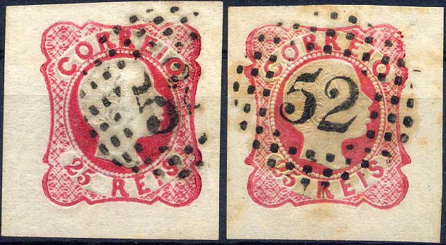 24lis0401.jpg -     Lote:    401            Colecção Portugal       Descrição:         1856/1858 &mdash; D. Pedro V. Cabelos anelados. CE13, 25 reis carmim rosa. Lote de dois selos com margens muito largas, sendo um do cunho V e outro cunho VI.        O       Valor Base:     &euro; 10,00     Valor Venda:     &euro; 14,00     