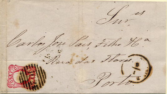 24lis0405.jpg -     Lote:    405            Colecção Portugal       Descrição:         1856/1858 &mdash; D. Pedro V. Cabelos anelados. CE13, 25 reis carmim rosa, com margens muito largas, em capa de carta circulada de Viana do Castelo (02.01.1862 para o Porto (03.01.1862).        Carta       Valor Base:     &euro; 5,00     Valor Venda:     &euro; 10,00     