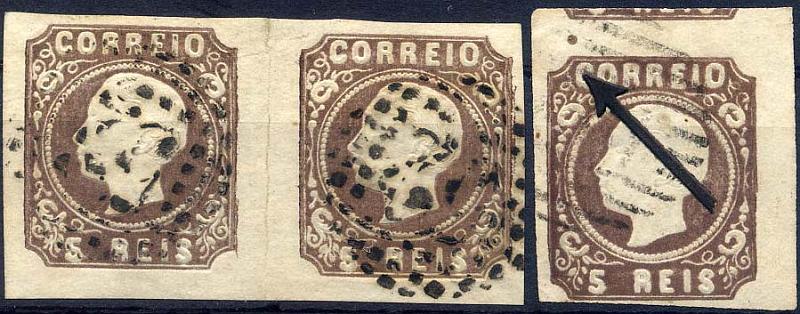 24lis0407.jpg -     Lote:    407            Colecção Portugal       Descrição:         1862/1864 &mdash; D. Luís I. CE14, 5 reis castanho cinza. Lote de três selos com margens normais. MB.        O       Valor Base:     &euro; 30,00     Valor Venda:     Retirado     