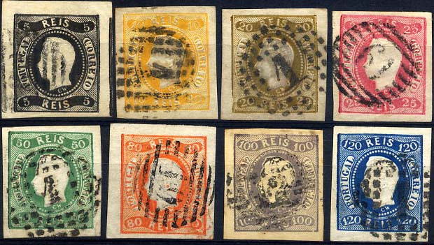 24lis0427.jpg -     Lote:    427            Colecção Portugal       Descrição:         1866/1867 &mdash; D. Luís I. Fita curva não denteados. CE19/26. Série completa. Todos os selos com muito boas margens. Valor de catálogo &euro; 939,50. MB.        O       Valor Base:     &euro; 175,00     Valor Venda:     Retirado     