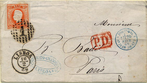 24lis0431.jpg -     Lote:    431            Colecção Portugal       Descrição:         1866/1867 &mdash; D. Luís I. Fita curva não denteados. CE24, 80 reis laranja, com muito boas margens, circulado em carta remetida de Lisboa (16.02.68) para Paris (, com trânsito em S. Jean de Luz (20.02.1869). MB.        Carta       Valor Base:     &euro; 75,00     Valor Venda:     &euro; 85,00     