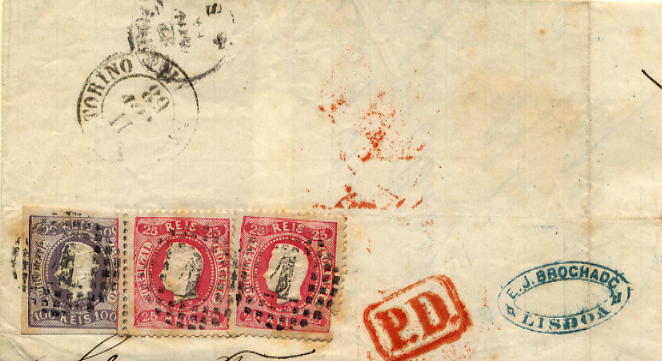 24lis0432.jpg -     Lote:    432            Colecção Portugal       Descrição:         1866/1867 &mdash; D. Luís I. Fita curva não denteados + Fita curva denteados. Grande fragmento de carta circulada de Lisboa  para Itália (11.11.68) com selo de 100 reis lilás malva CE25 + 2 selos de 25 reis carmim CE30.        FRG       Valor Base:     &euro; 50,00     Valor Venda:     Retirado     