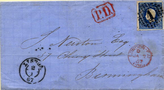 24lis0433.jpg -     Lote:    433            Colecção Portugal       Descrição:         1866/1867 &mdash; D. Luís I. Fita curva não denteados. CE26, 100 reis azul escuro, margens normais, circulado em carta remetida de Lisboa (02.01.67) para Inglaterra (07.01.67). MB.        Carta       Valor Base:     &euro; 80,00     Valor Venda:     &euro; 140,00     