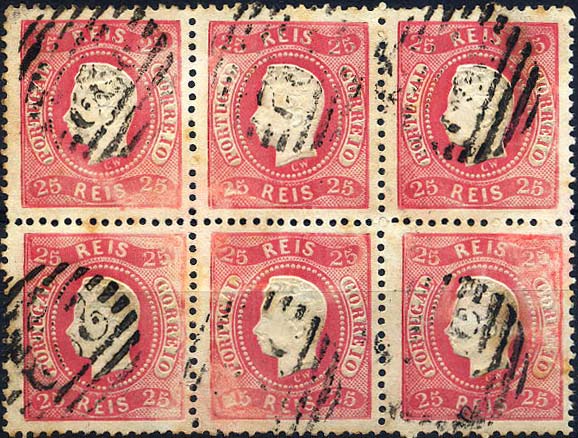 24lis0437.jpg -     Lote:    437            Colecção Portugal       Descrição:         1867/1870 &mdash; D. Luís I. Fita curva, denteados. CE30, 25 reis carmim rosa. Bloco horizontal de 6 selos (3x2), obliterado com carimbo numérico da 1.ª reforma 222 &mdash; ARCOS DE VALDEVEZ.        O       Valor Base:     &euro; 50,00     Valor Venda:     Retirado     