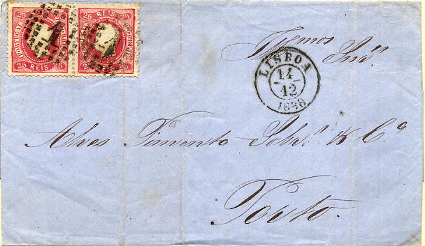 24lis0440.jpg -     Lote:    440            Colecção Portugal       Descrição:         1867/1870 &mdash; D. Luís I. Fita curva, denteados. Carta circulada de Lisboa (14.12.1868) para o Porto (15.12.1868) com par de selos de 25 reis rosa CE30. MB.        Carta       Valor Base:     &euro; 12,00     Valor Venda:     Retirado     