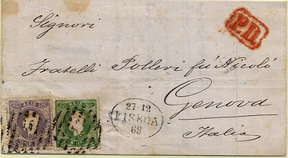 24lis0441.jpg -     Lote:    441            Colecção Portugal       Descrição:         1867/1870 &mdash; D. Luís I. Fita curva, denteados. Carta circulada de Lisboa (27.12.1869) para Génova, com selos de 50 reis verde e 100 reis lilás malva. Carimbo oval datado de LISBOA batido a preto. MB.        Carta       Valor Base:     &euro; 250,00     Valor Venda:     &euro; 320,00     