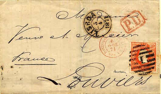 24lis0442.jpg -     Lote:    442            Colecção Portugal       Descrição:         1867/1870 &mdash; D. Luís I. Fita curva, denteados. Carta circulada de Lisboa (03.04.1871) para França (08.04.1871) com selo de 80 reis laranja vermelho. MB.        Carta       Valor Base:     &euro; 100,00     Valor Venda:     Retirado     