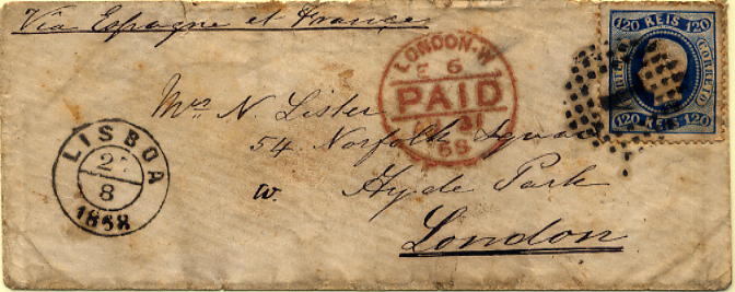 24lis0443.jpg -     Lote:    443            Colecção Portugal       Descrição:         1867/1870 &mdash; D. Luís I. Fita curva, denteados. Sobrescrito circulado de Lisboa (27.08.1868) para Londres (31.08.1868) com selo de 120 reis azul escuro.        Carta       Valor Base:     &euro; 75,00     Valor Venda:     Retirado     