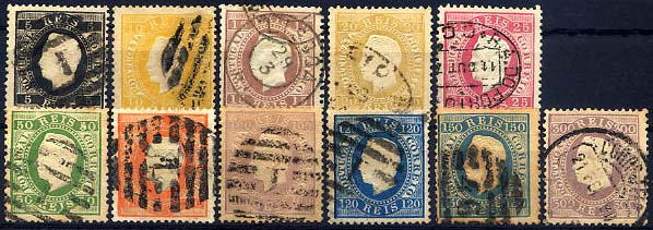 24lis0447.jpg -     Lote:    447            Colecção Portugal       Descrição:         1870/1876 &mdash; D. Luís I, fita direita. CE36/45 e 47. Série sem o selos de 240 reis, em papel liso, denteado 12 &frac12;. Valor de catálogo &euro; 871,80.        O       Valor Base:     &euro; 120,00     Valor Venda:     &euro; 120,00     