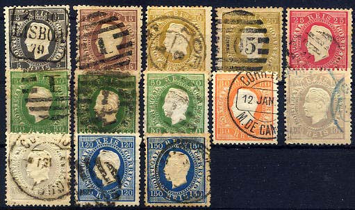 24lis0448.jpg -     Lote:    448            Colecção Portugal       Descrição:         1870/1876 &mdash; D. Luís I, fita direita. Lote composto por selos de 5, 15, 20, 25, 3x50, 80, 2x100, 120 e 150 reis todos em papel liso, denteado 12 &frac12;. CE36, 38, 39, 40, 41, 42, 43, 44 e 45. Valor de catálogo &euro; 766,10.        Lote       Valor Base:     &euro; 80,00     Valor Venda:     &euro; 90,00     