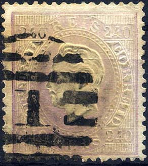 24lis0450.jpg -     Lote:    450            Colecção Portugal       Descrição:         1870/1876 &mdash; D. Luís I, fita direita. CE46, 240 reis lilás claro, denteado 12 &frac12;, papel liso. Valor de catálogo &euro; 1.810,00. MB.        O       Valor Base:     &euro; 400,00     Valor Venda:     Retirado     