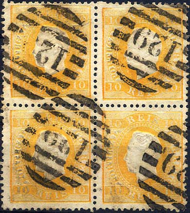 24lis0451.jpg -     Lote:    451            Colecção Portugal       Descrição:         1870/1876 &mdash; D. Luís I, fita direita. CE37, 10 reis amarelo, papel liso, denteado 12 &frac12;. Quadra obliterada com carimbo da 2.ª reforma 129 &mdash; VISEU. Valor de catálogo 378,00. MB e MR.        O       Valor Base:     &euro; 80,00     Valor Venda:     &euro; 130,00     