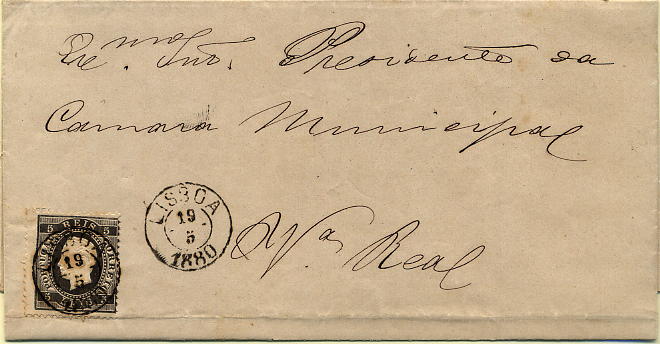 24lis0452.jpg -     Lote:    452            Colecção Portugal       Descrição:         1870/1876 &mdash; D. Luís I, fita direita. CE36, 5 reis preto, papel liso, denteado 12 &frac12;, em circular circulada de Lisboa (19.05.1880) para Vila Real (20.05.1880).        Carta       Valor Base:     &euro; 8,00     Valor Venda:     &euro; 8,00     