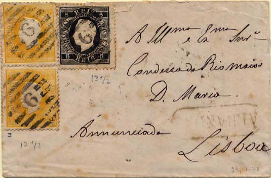 24lis0453.jpg -     Lote:    453            Colecção Portugal       Descrição:         1870/1876 &mdash; D. Luís I, fita direita. Sobrescrito circulado de Alhandra para Lisboa (26.05.1878) com dois selos de 10 reis amarelo, papel liso, denteado 12 &frac12; CE37 + 5 reis denteado 13 &frac12;, papel liso, CE36, obliterados com carimbo numérico da 2.ª reforma 6 &mdash; ALHANDRA + carimbo nominativo ALHANDRA, batido a sépia. MB e MR.        Carta       Valor Base:     &euro; 250,00     Valor Venda:     &euro; 250,00     