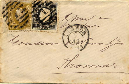 24lis0454.jpg -     Lote:    454            Colecção Portugal       Descrição:         1870/1876 &mdash; D. Luís I, fita direita. Sobrescrito circulado de Lisboa (05.12.1877) para Tomar, com selo de 5 reis preto CE36 e 20 reis bistre, ambos em papel liso e denteado 12 &frac12;. B.        Carta       Valor Base:     &euro; 50,00     Valor Venda:     &euro; 100,00     