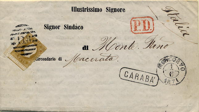 24lis0455.jpg -     Lote:    455            Colecção Portugal       Descrição:         1870/1876 &mdash; D. Luís I, fita direita. Impreso circulado de Moncorvo (01.06.1871) para Carabá/Itália, com selo de 20 reis bistre CE39 (selo cortado à tesoura afectando a moldura), obliterado com carimbo numérico da 2.ª reforma 118 &mdash; MONCORVO. B.        Carta       Valor Base:     &euro; 40,00     Valor Venda:     &euro; 40,00     