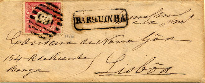 24lis0456.jpg -     Lote:    456            Colecção Portugal       Descrição:         1870/1876 &mdash; D. Luís I, fita direita. Sobrescrito circulado da Barquinha para Lisboa (09.01.1873) com selo de 25 reis, denteado 12 &frac12;, papel liso. Carimbo numérico da 2.ª reforma 163 + carimbo nominativo da BARQUINHA (raridade 65 Gordon), ambos batidos a preto. MB.        Carta       Valor Base:     &euro; 75,00     Valor Venda:     &euro; 75,00     