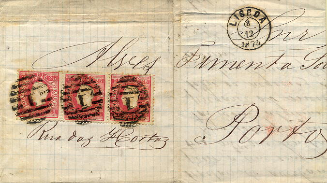 24lis0457.jpg -     Lote:    457            Colecção Portugal       Descrição:         1870/1876 &mdash; D. Luís I, fita direita. Carta circulada de Lisboa (08.12.1874) para o Porto (09.12.1874) com 3 selos de 25 reis CE40, papel liso, denteado 12 &frac12;. Triplo porte interno.        Carta       Valor Base:     &euro; 15,00     Valor Venda:     &euro; 18,00     