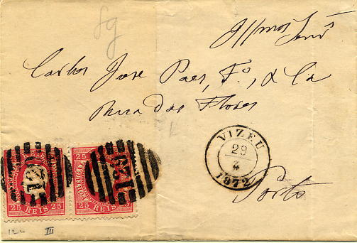 24lis0458.jpg -     Lote:    458            Colecção Portugal       Descrição:         1870/1876 &mdash; D. Luís I, fita direita. Carta circulada de Viseu (29.04.1872) para o Porto (30.04.1872) com 2 selos de 25 reis CE40, papel liso, denteado 12 &frac12;. Duplo porte interno.        Carta       Valor Base:     &euro; 10,00     Valor Venda:     &euro; 28,00     