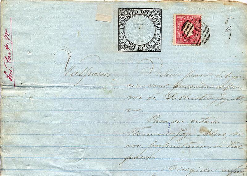 24lis0459.jpg -     Lote:    459            Colecção Portugal       Descrição:         1870/1876 &mdash; D. Luís I, fita direita. Duas folhas de papel selado de 50 reis datada de 31.08.1876, com selo de 25 reis carmim, denteado 13 &frac12;, papel liso, obliterado com carimbo numérico da 2.ª reforma 97 &mdash; MEALHADA.        DOC       Valor Base:     &euro; 10,00     Valor Venda:     Retirado     