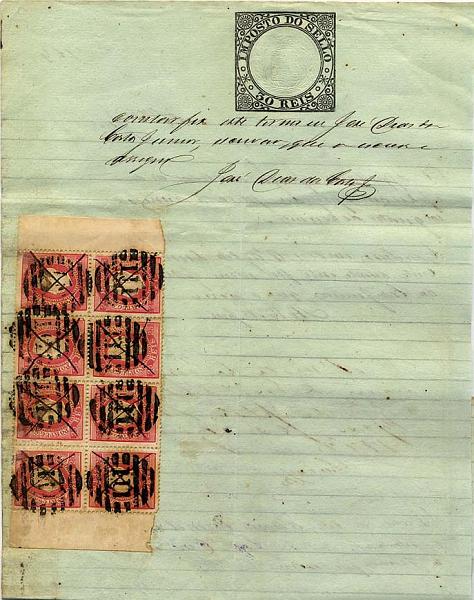 24lis0460.jpg -     Lote:    460            Colecção Portugal       Descrição:         1870/1876 &mdash; D. Luís I, fita direita. Folha de papel selado de 50 reis datada de 16.08.1877, com bloco horizontal de 8 selos de 25 reis carmim, denteado 13 &frac12;, papel liso, obliterado com carimbo numérico da 2.ª reforma 111 &mdash; CHAVES + obliteração a pena..        DOC       Valor Base:     &euro; 75,00     Valor Venda:     &euro; 75,00     
