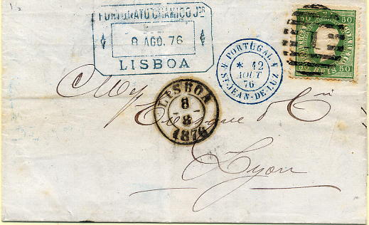 24lis0461.jpg -     Lote:    461            Colecção Portugal       Descrição:         1870/1876 &mdash; D. Luís I, fita direita. Sobrescrito circulado de Lisboa (08.08.1876) para Lion/França (13.08.76), com selo de 50 reis verde amarelo, denteado 12 &frac12; papel liso. MB.        Carta       Valor Base:     &euro; 30,00     Valor Venda:     &euro; 34,00     