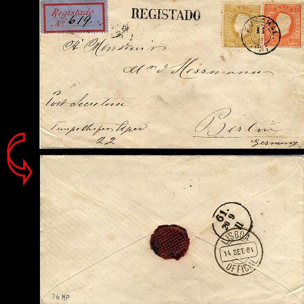 24lis0462.jpg -     Lote:    462            Colecção Portugal       Descrição:         1870/1876 &mdash; D. Luís I, fita direita. Sobrescrito circulado registado do Funchal (11.09.1881) para Berlim (20.09.81) com trânsito por Lisboa (14.09.1881), com selos de 20 reis bistre CE39 e selo de 80 reis laranja CE42, ambos em denteado 12 &frac12;, papel liso. Selos do Continente utilizados na Madeira. Carimbo REGISTADO batido a preto. No verso raríssimo carimbo "LISBOA/OFFICIAL". MB e MR.        Carta       Valor Base:     &euro; 500,00     Valor Venda:     &euro; 1100,00     