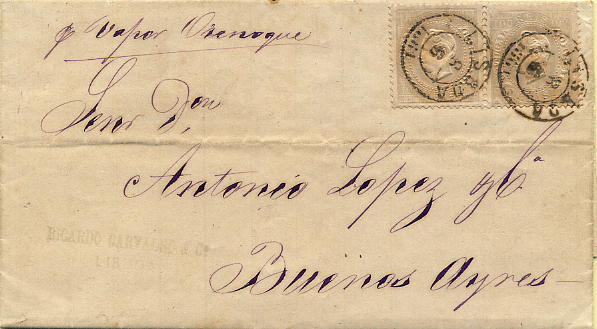 24lis0463.jpg -     Lote:    463            Colecção Portugal       Descrição:         1870/1876 &mdash; D. Luís I, fita direita. Sobrescrito circulado de Lisboa (08.06.1881) para Buenos Aires, com par de selos de 100 reis lilás cinzento, denteado 12 &frac12;, papel liso. MB.        Carta       Valor Base:     &euro; 50,00     Valor Venda:     &euro; 95,00     