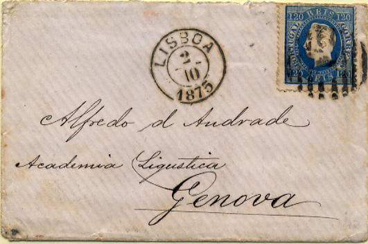 24lis0464.jpg -     Lote:    464            Colecção Portugal       Descrição:         1870/1876 &mdash; D. Luís I, fita direita. Sobrescrito circulado de Lisboa (15.06.1875) para Génova (21.06.1875), com selo de 120 reis azul, denteado 12 &frac12;, papel liso. B.        Carta       Valor Base:     &euro; 60,00     Valor Venda:     Retirado     