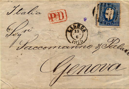 24lis0465.jpg -     Lote:    465            Colecção Portugal       Descrição:         1870/1876 &mdash; D. Luís I, fita direita. Sobrescrito circulado de Lisboa (02.10.1875) para Génova (05.10.1875), com selo de 120 reis azul, denteado 12 &frac12;, papel liso. B.        Carta       Valor Base:     &euro; 75,00     Valor Venda:     Retirado     