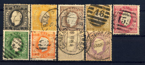 24lis0466.jpg -     Lote:    466            Colecção Portugal       Descrição:         1870/1876 &mdash; D. Luís I, fita direita. CE36/43 e CE47. Série com excepção dos selos de 120 e 150 reis, em papel liso, denteado 13 &frac12;. Valor de catálogo &euro; 612,30. MB.        O       Valor Base:     &euro; 75,00     Valor Venda:     &euro; 75,00     