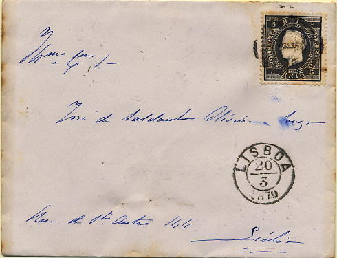 24lis0468.jpg -     Lote:    468            Colecção Portugal       Descrição:         1870/1876 &mdash; D. Luís I, fita direita. Sobrescrito circulado como impresso em Lisboa (20.03.1879), com selo de 5 reis preto, papel liso, denteado 13 &frac12; CE36.        Carta       Valor Base:     &euro; 5,00     Valor Venda:     Retirado     