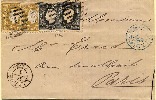 24lis0469.jpg -     Lote:    469            Colecção Portugal       Descrição:         1870/1876 &mdash; D. Luís I, fita direita. Carta circulada de Lisboa (14.01.1879) para Paris, com trânsito por St. Jean de Luz (18.01.1879) com dois selos de 5 reis, papel liso, denteado 12 &frac12; CE36, e dois selos de 20 reis bistre, papel liso, denteado 13 &frac12;, CE39. MB.        Carta       Valor Base:     &euro; 40,00     Valor Venda:     &euro; 300,00     