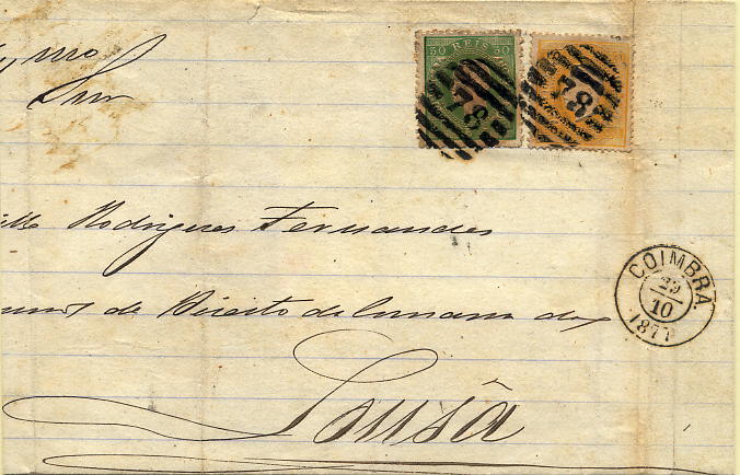 24lis0470.jpg -     Lote:    470            Colecção Portugal       Descrição:         1870/1876 &mdash; D. Luís I, fita direita. Capa de processo judicial, circulado de Coimbra (29.10.1877) para Lousã, com selos de 10 reis amarelo, papel liso, denteado 13 &frac12; CE37, e 50 reis verde, papel liso, denteado 12 &frac12; CE41. Terceiro porte para manuscritos com peso entre 80 e 120 gramas. Carimbo numérico da 2.ª reforma 78 &mdash; COIMBRA.        Carta       Valor Base:     &euro; 100,00     Valor Venda:     &euro; 220,00     