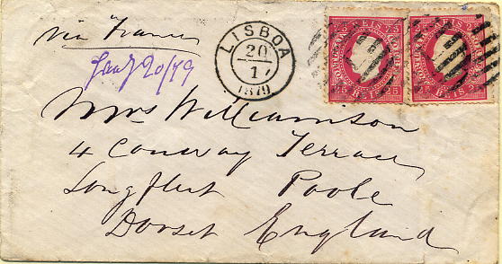 24lis0471.jpg -     Lote:    471            Colecção Portugal       Descrição:         1870/1876 &mdash; D. Luís I, fita direita. Sobrescrito circulado de Lisboa (20.01.1879) para Inglaterra (25.01.1879) com dois selos de 25 reis carmim rosa, papel liso, denteado 13 &frac12; CE40.        Carta       Valor Base:     &euro; 5,00     Valor Venda:     &euro; 10,00     