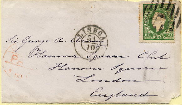 24lis0472.jpg -     Lote:    472            Colecção Portugal       Descrição:         1870/1876 &mdash; D. Luís I, fita direita. Frente de sobrescrito circulado de Lisboa (31.10.??) para Londres (05.11.??) com selo de 50 reis verde, papel liso, denteado 13 &frac12; CE41.        Carta       Valor Base:     &euro; 6,00     Valor Venda:     &euro; 20,00     