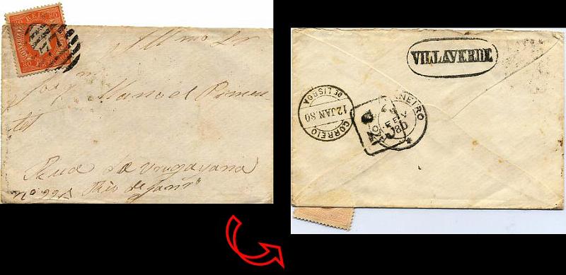 24lis0473.jpg -     Lote:    473            Colecção Portugal       Descrição:         1870/1876 &mdash; D. Luís I, fita direita. Sobrescrito circulado de Vilaverde para o Rio de Janeiro (05.02.1880), com trânsito por Lisboa (12.01.1880) com selo de 80 reis laranja, papel liso, denteado 13 &frac12;, CE42. Selo inicialmente dobrado para o verso, porém descolado. Carimbo numérico da 2.ª reforma 77  e carimbo nominativo, ambos batidos a preto de VILLAVERDE. MB e R.        Carta       Valor Base:     &euro; 75,00     Valor Venda:     Retirado     