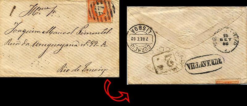 24lis0474.jpg -     Lote:    474            Colecção Portugal       Descrição:         1870/1876 &mdash; D. Luís I, fita direita. Sobrescrito circulado de Vilaverde para o Rio de Janeiro (25.09.1880), com trânsito por Lisboa (07.09.1880) com trânsito pela R.A. VALENÇA-PORTO (05.09.80), com selo de 80 reis laranja, papel liso, denteado 13 &frac12;, CE42, dobrado para o verso. Carimbo numérico da 2.ª reforma 77  e carimbo nominativo, ambos batidos a preto de VILLAVERDE. MB e R.        Carta       Valor Base:     &euro; 100,00     Valor Venda:     Retirado     