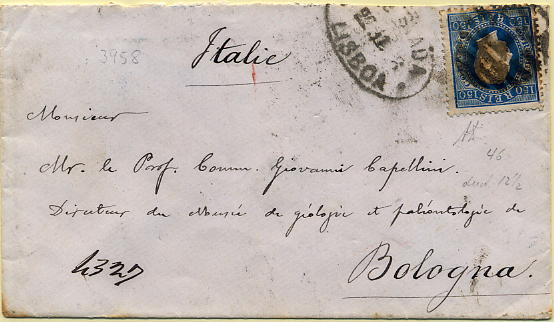 24lis0475.jpg -     Lote:    475            Colecção Portugal       Descrição:         1870/1876 &mdash; D. Luís I, fita direita. Sobrescrito circulado registado de Lisboa (22.11.78) para Bolonha (28.11.1878) com selo de 150 reis azul, papel liso, denteado 12 &frac12; CE45. Carimbo oval de batido a preto "REGISTADA / 22.11.78 / LISBOA. MB e MR.        Carta       Valor Base:     &euro; 200,00     Valor Venda:     &euro; 200,00     