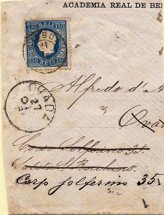 24lis0477.jpg -     Lote:    477            Colecção Portugal       Descrição:         1870/1876 &mdash; D. Luís I, fita direita. Grande fragmento com selo de 150 reis, papel liso, denteado 12 &frac12;.         FRG       Valor Base:     &euro; 25,00     Valor Venda:     Retirado     