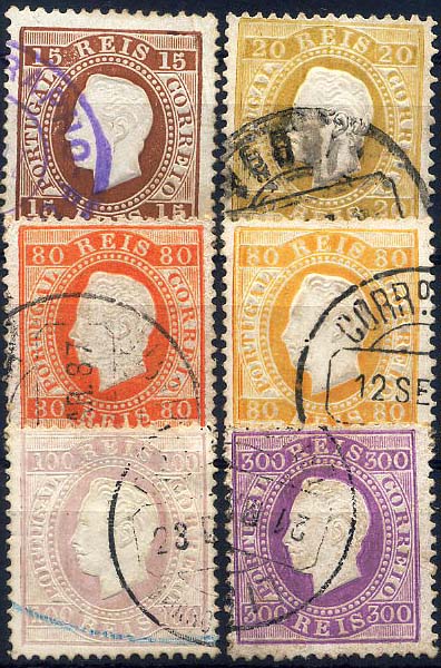 24lis0478.jpg -     Lote:    478            Colecção Portugal       Descrição:         1870/1876 &mdash; D. Luís I, fita direita. CE36, 39, 2x42 (tonalidades diferentes), 43 e 47. Série completa em papel porcelana, denteado 12 &frac12;. Valor de catálogo &euro; 199,00.        O       Valor Base:     &euro; 20,00     Valor Venda:     &euro; 34,00     