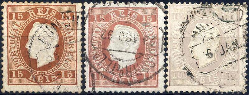 24lis0479.jpg -     Lote:    479            Colecção Portugal       Descrição:         1870/1876 &mdash; D. Luís I, fita direita. Lote composto por 2 selos de 15 reis castanho CE38 + selo de 100 reis lilás claro, em papel porcelana, denteado 12 &frac12;. Valor de catálogo &euro; 129,90.        O       Valor Base:     &euro; 15,00     Valor Venda:     &euro; 22,00     