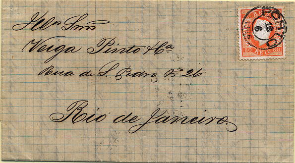 24lis0480.jpg -     Lote:    480            Colecção Portugal       Descrição:         1870/1876 &mdash; D. Luís I, fita direita. Carta circulada do Porto (12.06.1886) para o Rio de Janeiro (29.06.86) com trânsito por Lisboa (13.06.86), com selo de 80 reis laranja, papel porcelana, denteado 13 &frac12;. MB.        Carta       Valor Base:     &euro; 20,00     Valor Venda:     &euro; 60,00     